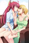  blonde_hair blush breasts cleavage earrings green_eyes jewelry large_breasts layla_(suptomat) lingerie lyrical_nanoha mahou_shoujo_lyrical_nanoha mahou_shoujo_lyrical_nanoha_a&#039;s mahou_shoujo_lyrical_nanoha_a's mahou_shoujo_lyrical_nanoha_strikers minami-bastardsama nightgown no_bra open_clothes open_shirt panties red_eyes shamal shirt short_hair signum underwear white_panties yuri 