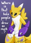  ambiguous_gender anthro blue_eyes canine chest_tuft claws digimon english_text featureless_crotch female fox fur gloves humor lol_comments mammal mancoin naturally_censored nude open_mouth plain_background purple_background renamon solo standing text tuft white_fur yellow_fur yin_yang 