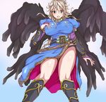  black_wings blonde_hair blush boots breasts breath_of_fire breath_of_fire_ii bridal_gauntlets dress from_below green_eyes knee_boots large_breasts legs nina_(breath_of_fire_ii) open_mouth ponzu_yuki simple_background thighs wings 