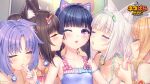  5girls :o animal_ear_fluff animal_ears bell bow brown_hair cat_ears cat_girl chocola_(nekopara) cinnamon_(nekopara) closed_eyes copyright_name eggplant fake_animal_ears finger_sucking food fruit heart imminent_kiss lime_(fruit) lime_slice maple_(nekopara) minazuki_shigure multiple_girls nail_polish neck_bell nekopara official_art one-piece_swimsuit one_eye_closed orange_(fruit) orange_hair orange_slice petite pink_bow purple_eyes purple_hair purple_one-piece_swimsuit sayori_(neko_works) swimsuit vanilla_(nekopara) watermelon watermelon_slice white_hair 