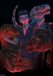 absurd_res atrociraptor atrociraptor_handler black_background blue_eyes clothed clothing creepy dead_eyes dinosaur dromaeosaurid female feral freckled_face freckles ghost_(jurassic_world_dominion) group hair hi_res human jurassic_park jurassic_world kaizer_art54 mammal open_mouth panthera_(jurassic_world) prehistoric_species red_eyes reptile rolled_up_sleeves scales scalie sharp_teeth simple_background size_difference striped_body stripes teeth theropod tiger_(atrociraptor) trainer universal_studios whistle_(object) whistle_around_neck whistle_in_mouth