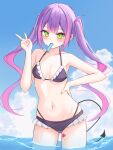  1girl absurdres barbell_piercing bikini blue_sky breasts center-flap_bangs cleavage cloud colored_inner_hair commentary_request cumulonimbus_cloud day demon_girl demon_tail double-parted_bangs ear_piercing food food_in_mouth frilled_bikini frills gradient_hair green_eyes green_nails halterneck hand_on_own_hip hand_up highleg highleg_bikini highres hololive industrial_piercing long_hair looking_at_viewer medium_breasts mouth_hold multicolored_hair multicolored_nails mumei_(mumeillust1123) nail_polish navel navel_piercing ocean outdoors piercing pink_hair pink_nails pointy_ears popsicle popsicle_in_mouth purple_bikini purple_hair sky solo stomach swimsuit tail tail_ornament tail_piercing tokoyami_towa twintails v virtual_youtuber wading 