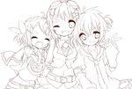  2girls gumi highres inaresi kagamine_len kagamine_rin lineart long_hair looking_at_viewer monochrome multiple_girls short_hair smile vocaloid 