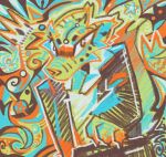 3_fingers abstract_background ambiguous_gender anthro black_clothing black_suit briefcase claws clothing finger_claws fingers green_body hi_res holding_briefcase looking_at_viewer psychedelic red_eyes solo squawq suit unknown_species