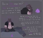 2022 absurd_res anthro artist_name black_clothing black_eyebrows black_eyes black_jacket black_topwear body_hair border bottomwear brown_body brown_ears brown_fur brown_hands brown_head canid canine chest_hair clothed clothed_anthro clothed_male clothing demon eyebrows eyeless fire flower front_view fully_clothed fully_clothed_anthro fully_clothed_male fur gloves_(marking) grey_bottomwear grey_clothing grey_pants hi_res information jacket lying male male_anthro mammal markings melaisen multicolored_body multicolored_fur musclegut muscular muscular_anthro muscular_male on_front pants plant purple_flower purple_sclera purple_text side_view sitting smile solo story tan_body tan_fur text topwear white_text