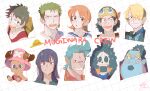 2girls 6+boys afro antlers black_hair blonde_hair blue_eyes blue_shirt blue_skin blunt_bangs brook_(one_piece) brown_eyes collared_shirt colored_skin commentary_request cross curly_eyebrows earrings facial_hair franky_(one_piece) goatee green_hair hair_over_one_eye hat horns jewelry jinbe_(one_piece) korean_commentary long_nose looking_at_viewer monkey_d._luffy multiple_boys multiple_girls nami_(one_piece) nico_robin one_piece pink_hat pompadour reindeer_antlers roronoa_zoro sanji_(one_piece) senzzang shirt short_hair skeleton smile straw_hat straw_hat_pirates striped_clothes striped_shirt tony_tony_chopper tusks usopp vertical-striped_clothes vertical-striped_shirt 