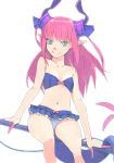  1girl akinbo_(hyouka_fuyou) bikini bikini_skirt blue_bikini blue_eyes breasts cleavage collarbone elizabeth_bathory_(fate) elizabeth_bathory_(fate)_(all) fate/grand_order fate_(series) floating_hair highres horns long_hair looking_at_viewer navel pink_hair pointy_ears shiny shiny_hair simple_background sitting small_breasts smile solo strapless strapless_bikini swimsuit white_background 