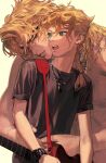  2boys absurdres blonde_hair closed_mouth dio_brando earrings father_and_son giorno_giovanna green_eyes highres jewangchobab jewelry jojo_no_kimyou_na_bouken long_hair low-braided_long_hair low-tied_long_hair male_focus multiple_boys parent_and_child shirt simple_background smile topless_male vento_aureo victory_rolls white_background 