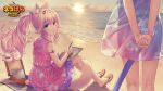  2girls :o animal_ear_fluff animal_ears arm_strap beach cat_ears cat_girl cat_tail cloud copyright_name drawing_(action) drawing_(object) dress dusk english_text fake_tail floral_print fluffy_tail fraise_(nekopara) green_eyes holding_own_hand logo long_hair multicolored_dress multiple_girls nekopara ocean official_art pink_dress pink_hair sand sandals sayori_(neko_works) see-through_silhouette sunset tail towel 