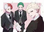  3boys alternate_hairstyle arm_behind_back bakugou_katsuki bishounen black_eyes black_necktie black_pants black_suit blonde_hair blue_eyes boku_no_hero_academia burn_scar diagonal-striped_clothes diagonal-striped_necktie freckles gloves green_eyes green_hair heterochromia highres korean_text looking_at_viewer looking_back male_focus midoriya_izuku multicolored_hair multiple_boys necktie open_mouth pants pink_background red_eyes red_hair scar scar_on_face short_hair simple_background smile soru_2023 sparkle spiked_hair split-color_hair striped_clothes suit todoroki_shoto translation_request two-tone_hair upper_body white_background white_gloves white_hair 