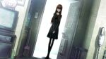  1girl black_dress black_pantyhose black_shoes breasts broom brown_hair cd_player collarbone crt doorway dress dutch_angle expressionless full_body funeral_dress future_gadget_lab game_cg hair_between_eyes hair_over_shoulder highres holding_own_hand huke indoors long_hair long_sleeves makise_kurisu mary_janes official_art own_hands_together pantyhose purple_eyes ringed_eyes shoes small_breasts solo square_pupils standing steins;gate steins;gate:_linear_bounded_phenogram television v_arms vacuum_cleaner 
