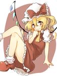  :p blonde_hair blush flandre_scarlet hand_to_own_mouth hat looking_at_viewer mary_janes red_eyes ryannari shoes short_hair short_sleeves side_ponytail sitting smile solo tongue tongue_out touhou upskirt wings 