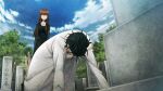  1boy 1girl black_dress black_hair breasts brown_hair brown_pants coat collarbone dress dutch_angle expressionless full_body funeral_dress game_cg graveyard hair_between_eyes hair_over_shoulder highres holding_own_hand huke kneeling lab_coat long_hair long_sleeves makise_kurisu messy_hair official_art okabe_rintarou outdoors own_hands_together pain pants prostration purple_eyes ringed_eyes shirt small_breasts square_pupils standing steins;gate steins;gate:_linear_bounded_phenogram t-shirt white_coat white_shirt 