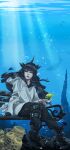  1girl 2020 absurdres afterbrnr air_bubble artemis_of_the_blue atelier_live black_hair bubble commentary coral dated english_commentary fish highres hood hood_down hoodie on_bench shark shark_fin shark_girl solo underwater virtual_youtuber white_hoodie 