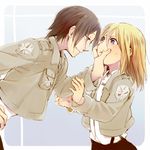  blonde_hair blue_eyes brown_hair cheek_squash christa_renz emblem freckles hand_on_hip height_difference long_hair mukamo_(inujita) multiple_girls paradis_military_uniform shingeki_no_kyojin short_hair tears training_corps_(emblem) ymir_(shingeki_no_kyojin) yuri 