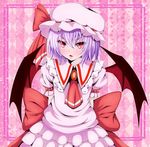  :o arms_behind_back ascot bat_wings blouse border bow brooch diamond_(shape) fang hat hat_ribbon highres jewelry lavender_hair light_particles looking_at_viewer misumo mob_cap pink_background puffy_short_sleeves puffy_sleeves red_eyes remilia_scarlet ribbon short_hair short_sleeves skirt slit_pupils solo star striped striped_background touhou wings 