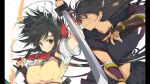  2girls absurdres asuka_(senran_kagura) aura black_hair black_sailor_collar black_shirt black_skirt breasts brown_eyes brown_gloves brown_vest covered_nipples dark-skinned_female dark_skin dual_wielding fighting fingerless_gloves gloves green_eyes green_necktie hair_ribbon highres holding holding_sword holding_weapon homura_(senran_kagura) large_breasts long_hair looking_at_another midriff multiple_girls navel necktie non-web_source official_art ouroboros pillarboxed ponytail red_scarf ribbon sailor_collar scarf school_uniform senran_kagura senran_kagura_burst_re:newal serafuku shirt skirt sword tan vest weapon white_background white_ribbon white_shirt yaegashi_nan 