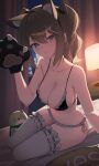  1girl 3: absurdres animal_ear_hairband animal_ears animal_hands backlighting bare_shoulders bed bed_sheet black_bra blush bra breasts cat_ear_hairband cat_ears cat_paws chico_(yuzuha_riko) cleavage closed_mouth collarbone commentary_request curtains dress fake_animal_ears frilled_bra frilled_dress frilled_panties frilled_thighhighs frilled_underwear frills frown furrowed_brow green_eyes green_hair hair_between_eyes hairband hand_up highres indoors korean_commentary lamp long_hair lying medium_breasts navel on_bed panties pillow side-tie_panties sidelocks spaghetti_strap stellive stomach string_bra thighhighs thighs twintails underwear v-shaped_eyebrows virtual_youtuber white_thighhighs window yes-no_pillow yt9676 yuzuha_riko 