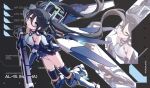  1girl absurdres aris_(blue_archive) aris_(mecha_suit)_(blue_archive) armor bare_shoulders black_hair blue_archive blue_eyes blue_leotard blue_necktie gun hair_between_eyes highres holding holding_gun holding_weapon kurana_(atlas) leotard long_bangs long_hair looking_at_viewer mecha_pilot_suit necktie official_alternate_costume official_alternate_hairstyle open_mouth sidelocks solo twintails weapon 