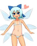  bikini blue_eyes blue_hair blush bow cirno fang flat_chest hair_bow heart koppepan micro_bikini navel one-piece_tan open_mouth side-tie_bikini solo swimsuit tan tanline touhou wings 