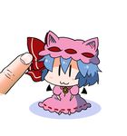  :3 =_= animal_ears animated animated_gif bat_wings blue_hair bow brooch cat_ears chibi commentary detached_wings dress ear_wiggle fang flapping hat hat_bow hat_ribbon hat_with_ears head_rub hypnotic jewelry mini_wings minigirl noai_nioshi open_mouth petting pink_dress remilia_scarlet ribbon simple_background sitting solo_focus sparkle touhou translated white_background wings |_| 