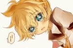  1boy bent_over black_sailor_collar blonde_hair blue_eyes blurry_edges blush cowlick drooling eyes_visible_through_hair hair_between_eyes halftone kagamine_len male_focus mattari_haruto medium_hair messy_hair mouth_drool necktie open_mouth partially_translated sailor_collar shirt solo speech_bubble translation_request vocaloid white_background yellow_necktie 