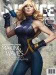  barcode black_canary blonde_hair blue_eyes breasts cover dc_comics eyeshadow gloves hand_on_hip large_breasts long_hair magazine_cover makeup megaphone parted_lips shirt solo stanley_lau superhero taut_clothes taut_shirt 