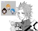  1girl 2boys aqua_(kingdom_hearts) armor arms_up blush_stickers character_doll chibi closed_eyes commentary_request doll fingerless_gloves gloves greyscale grin hair_intakes hands_up happy highres holding holding_chibi holding_doll kingdom_hearts kingdom_hearts_birth_by_sleep light_blush looking_down male_focus monochrome mtr_dayoo multiple_boys notice_lines open_mouth pauldrons photo_inset shirt short_hair shoulder_armor shoulder_strap single_fingerless_glove single_pauldron smile spiked_hair terra_(kingdom_hearts) tight_clothes tight_shirt turtleneck turtleneck_shirt ventus_(kingdom_hearts) white_background 