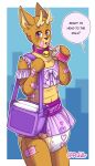 ageplay animate_inanimate anthro bell bell_collar beverage bottomwear clothed clothing collar crossdressing deer diaper diaper_creature drinking english_text femboy hi_res holding_beverage holding_object infantilism looking_at_viewer male mammal omen_(sambo48) orange_body pattern_diaper purple_bottomwear purple_clothing purple_collar purple_eyes purple_skirt purple_topwear riddlr roleplay skirt solo speech_bubble tan_body text topwear wearing_diaper white_diaper