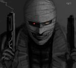  1boy bandage batman_(series) character_name creepy dc_comics dual_wielding grin gun handgun hush_(dc) looking_at_viewer male male_focus pistol pixiv_manga_sample red_eye red_eyes smile solo teeth weapon 