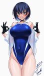  1girl absurdres ass_visible_through_thighs black_gloves black_hair blue_eyes blue_one-piece_swimsuit bob_cut borrowed_character breasts choker competition_swimsuit covered_navel gloves grin highleg highleg_one-piece_swimsuit highres large_breasts one-piece_swimsuit open_clothes open_shirt original revision shirt short_hair signature simple_background smile solo standing swimsuit thigh_gap umise_aoba_(ulrich) white_background white_shirt yoo_tenchi 