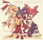  2girls antenna_hair belt blue_hair bow bracelet capelet choker demon_tail demon_wings disgaea disgaea_d2 earrings etna flonne flonne_(fallen_angel) jewelry kazamine_(stecca) laharl long_sleeves multiple_girls one_eye_closed open_mouth pointy_ears prinny red_eyes red_hair scarf short_hair skull smile tail tail_bow twintails wings 