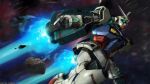  absurdres asteroid copyright_notice engage_gundam glowing glowing_eyes green_eyes gundam gundam_battle_operation_2 gundam_u.c._engage highres lens_flare machinery mecha mecha_focus mobile_suit motion_blur no_humans official_art painting_(medium) realistic robot scan science_fiction solo space star_(sky) sunrise_(company) tenjin_hidetaka thrusters traditional_media v-fin zero_gravity 