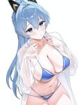  1girl bikini bikini_under_clothes blue_bikini blue_eyes blue_hair collarbone goddess_of_victory:_nikke helm_(aqua_marine)_(nikke) helm_(nikke) official_alternate_costume see-through_clothes see-through_shirt shirt simple_background solo swimsuit tagme wapuwaffle white_background 