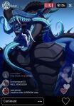 2024 3_tongues abs anthro black_body black_horn blue_body blue_eyes blue_horn blue_tongue dated dragon fangs featureless_crotch front_view glistening glistening_eyes hair hi_res horn in_mouth looking_at_viewer male multi_tongue muscular muscular_anthro muscular_male mythological_creature mythological_scalie mythology on_tongue pecs ridged_horn riorix scalie sharp_teeth signature teeth thunder_(thunderthedragon) tongue tongue_out white_body white_hair