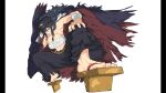  1girl abs absurdres arm_wrap banchou black_hair black_hat black_pants blue_jacket breasts chest_sarashi cleavage daidouji_(senran_kagura) delinquent feet foot_focus foreshortening geta hand_on_own_knee hat highres jacket large_breasts long_hair muscular muscular_female navel non-web_source official_art pants pillarboxed red_eyes sarashi senran_kagura senran_kagura_burst_re:newal solo squatting very_long_hair white_background yaegashi_nan 