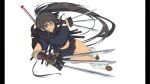  1girl absurdres black_hair black_shirt black_skirt breasts brown_gloves brown_shoes covered_nipples dark-skinned_female dark_skin evil_grin evil_smile fingerless_gloves gloves green_eyes grin highres holding holding_sword holding_weapon homura_(senran_kagura) large_breasts long_hair midriff multiple_swords non-web_source official_art ouroboros pillarboxed ponytail senran_kagura senran_kagura_burst_re:newal shirt shoes skirt smile socks solo sword sword_on_back tan thigh_gap weapon weapon_on_back white_background white_socks yaegashi_nan 