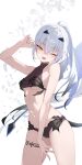  1girl absurdres bare_shoulders bikini black_bikini blush breasts dragon_wings fate/grand_order fate_(series) forked_eyebrows high_ponytail highres long_hair looking_at_viewer melusine_(fate) melusine_(swimsuit_ruler)_(fate) melusine_(swimsuit_ruler)_(first_ascension)_(fate) navel one_eye_closed open_mouth ponytail sidelocks small_breasts smile solo stomach_tattoo sukaliya swimsuit tail tattoo thighs white_hair wings yellow_eyes 