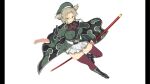  1girl absurdres beret boots breast_pocket breasts glass green_boots green_eyes green_hat green_shirt hat highres holding holding_staff imu_(senran_kagura) large_breasts military_uniform non-web_source official_art ouroboros pillarboxed pocket red_thighhighs senran_kagura senran_kagura_burst_re:newal shirt skirt solo staff thick_thighs thighhighs thighs weapon white_background white_skirt yaegashi_nan zettai_ryouiki 