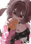  1girl absurdres animal_ears animal_print black_choker black_shirt bone_print breasts brown_hair choker cleavage clothing_cutout commentary croissant dog_ears dog_girl dog_print dog_tail double-parted_bangs eating food fur-trimmed_sleeves fur_trim hair_between_eyes hair_intakes highres holding holding_food hololive inugami_korone inugami_korone_(loungewear) jacket large_breasts long_sleeves looking_at_food nail_polish official_alternate_costume open_clothes open_jacket pink_jacket pink_nails print_shirt red_eyes shirt shoulder_cutout simple_background solo symbol-only_commentary t-shirt tail virtual_youtuber white_background yuuppi 