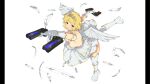  1girl absurdres blonde_hair blue_eyes boots breasts dress feathered_wings feathers gloves green_eyes gun heterochromia highres holding holding_gun holding_weapon large_breasts looking_at_viewer non-web_source official_art open_mouth pillarboxed ryouna_(senran_kagura) senran_kagura senran_kagura_burst_re:newal solo standing standing_on_one_leg thighhighs tiara weapon white_background white_boots white_dress white_feathers white_gloves white_thighhighs wings yaegashi_nan 