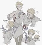  ... absurdres aged_down arm_blade blonde_hair blood blood_on_clothes blood_on_face blood_on_weapon blue_eyes chibi chibi_inset citronplanet coat collared_coat grey_pants grey_shirt highres male_focus millions_knives mole mole_under_eye multiple_expressions multiple_views pants shirt short_hair simple_background sketch_inset speech_bubble tendril trigun trigun_stampede turtleneck undercut weapon white_background white_coat 