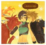  1boy 1girl animal arm_armor armor audreychen belt black_eyes black_hair black_sweater blonde_hair blue_eyes bob_cut brown_belt brown_gloves cloud_strife colored_sclera commentary cropped_sweater cropped_torso earrings elbow_gloves english_text expressionless feather_hair_ornament feathers final_fantasy final_fantasy_vii final_fantasy_vii_rebirth final_fantasy_vii_remake fingerless_gloves fire gloves green_sweater hair_ornament hand_on_another&#039;s_neck hashtag-only_commentary jewelry looking_at_another looking_at_viewer midriff multiple_belts pauldrons paw_up red_fur red_xiii serious shoulder_armor single_elbow_glove single_pauldron sleeveless sleeveless_turtleneck smile speech_bubble stud_earrings suspenders sweater turtleneck turtleneck_sweater yellow_background yellow_sclera yuffie_kisaragi 