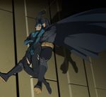  2boys batman batman_(series) belt blood bodysuit boots bruce_wayne building cape carrying city dc_comics dick_grayson domino_mask duo family father father_and_son gauntlets gb_(doubleleaf) gloves injury male male_focus mask multiple_boys muscle nightwing 