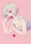  1girl bare_arms between_fingers breasts cleavage collarbone commentary_request covered_mouth eyelashes food fruit grey_hair grey_shirt hair_between_eyes holding holding_food holding_fruit looking_at_viewer lying medium_breasts messy_hair on_stomach original panties photoshop_(medium) pink_background red_eyes shirt short_hair short_sleeves sign simple_background solo strawberry striped_clothes striped_panties t-shirt tachibanarita underwear upper_body watermark yellow_panties 