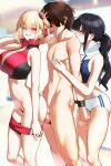  1boy 2girls black_hair blonde_hair blush breasts buruma buruma_pull censored clothes_pull commentary_request commission crop_top ffm_threesome group_sex hetero inoue_takina large_breasts long_hair lycoris_recoil mosaic_censoring multiple_girls navel nipple_stimulation nipple_tweak nishikigi_chisato pixiv_commission red_buruma red_eyes sex sex_from_behind short_hair standing standing_sex stomach tamamoice threesome white_buruma 