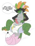 absurd_res ageplay anthro black_body clothed clothing diaper dragon english_text erection front_view genitals green_body green_eyes grey_body hardscales hi_res humanoid_genitalia humanoid_penis infantilism looking_at_viewer lying male mythological_creature mythological_scalie mythology on_back open_mouth open_smile pattern_background pattern_diaper penis purple_diaper red_penis roleplay scalie simple_background smile solo speech_bubble text wearing_diaper whiskers white_diaper