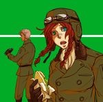  1girl bad_id bad_pixiv_id binoculars bintei braid crossover food goggles hong_meiling krizalid military military_uniform pilot_suit red_hair sandwich the_king_of_fighters touhou uniform white_hair 