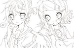  1girl blush brother_and_sister heart inaresi kagamine_len kagamine_rin lineart looking_at_viewer monochrome open_mouth short_hair siblings smile spoken_blush vocaloid 