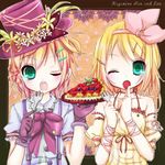  1girl blonde_hair brother_and_sister character_name colorized food fruit green_eyes highres inaresi kagamine_len kagamine_rin looking_at_viewer miku_rinren one_eye_closed open_mouth short_hair siblings strawberry vocaloid 